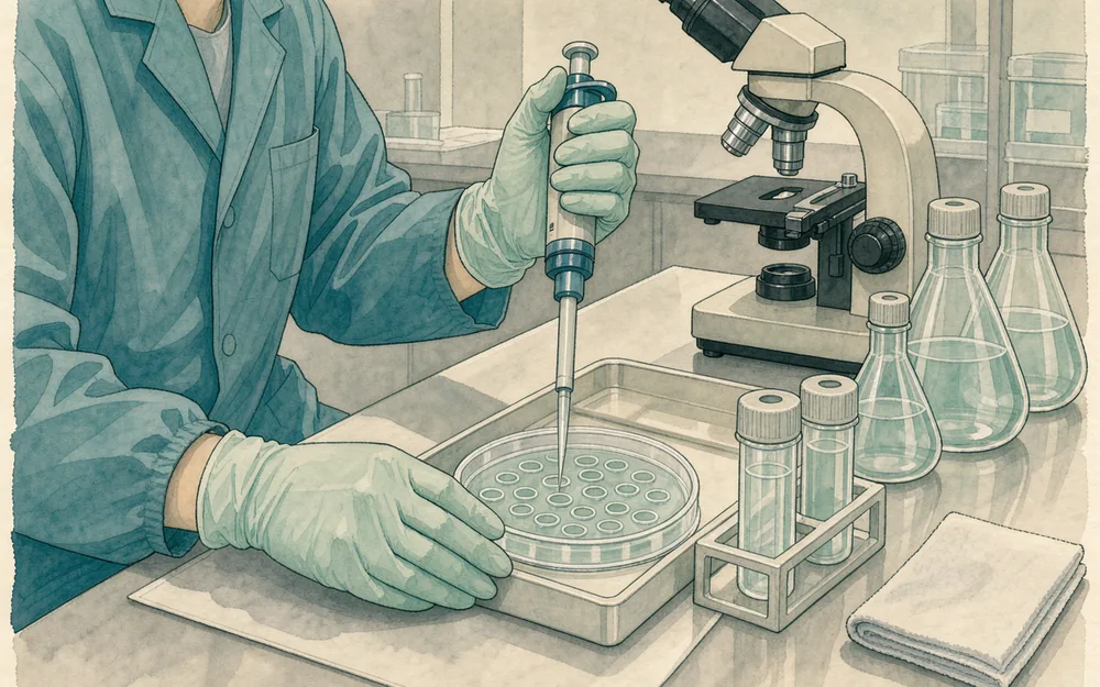 Illustration of a technician using a pipette beside shallow culture dishes and a microscope