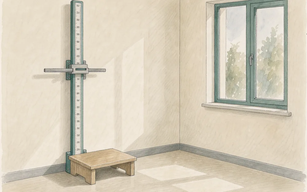 Illustration of a wall-mounted stadiometer, a low stool and a window in an empty examination room