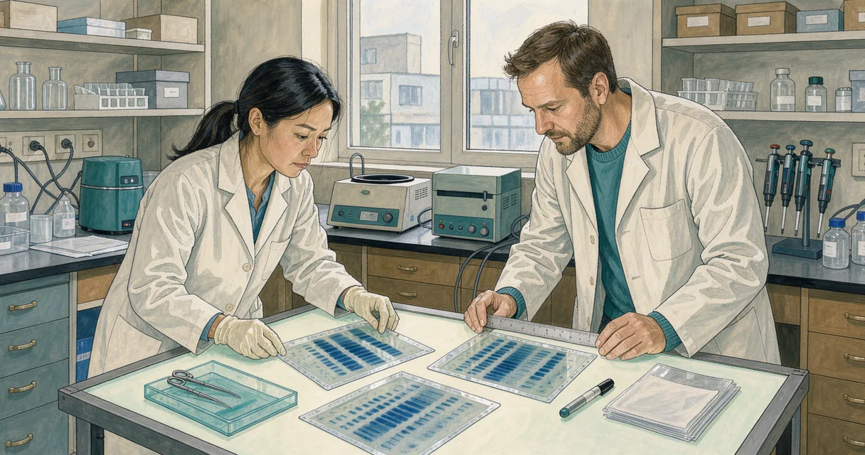 Illustration of two technicians examining blue-stained protein gels on a bright laboratory bench